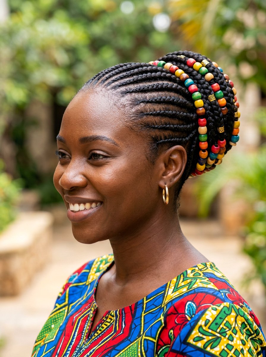 Beads With Straight Back Cornrows Bun - 20 straight back cornrows with bun - 20 straight back cornrows with bun