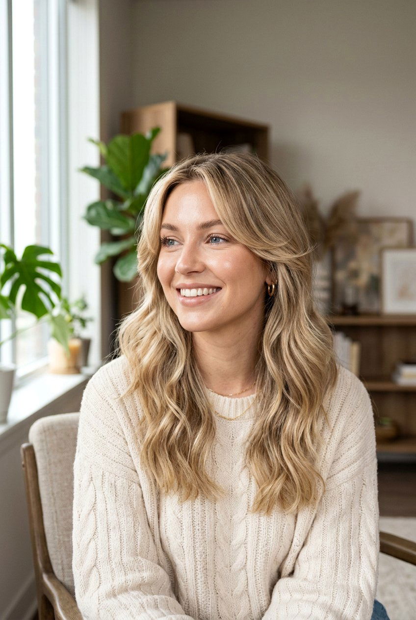 Beige Babylights On Blonde Hair With Face Framing Layers - 20 beige babylights on blonde hair - 20 beige babylights on blonde hair