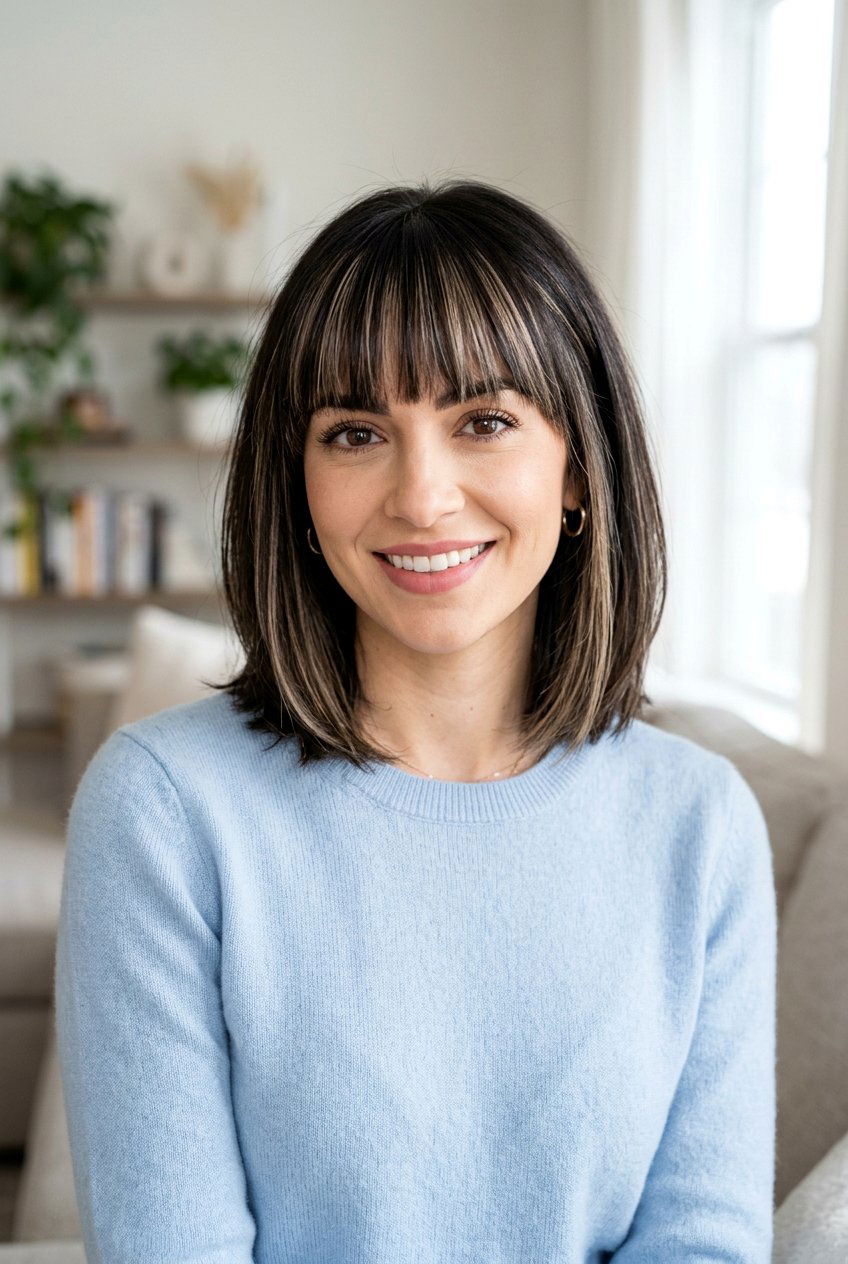 Beige Highlights on Dark Brunette With Bangs - 20 dark brunette with cool beige highlights - 20 dark brunette with cool beige highlights