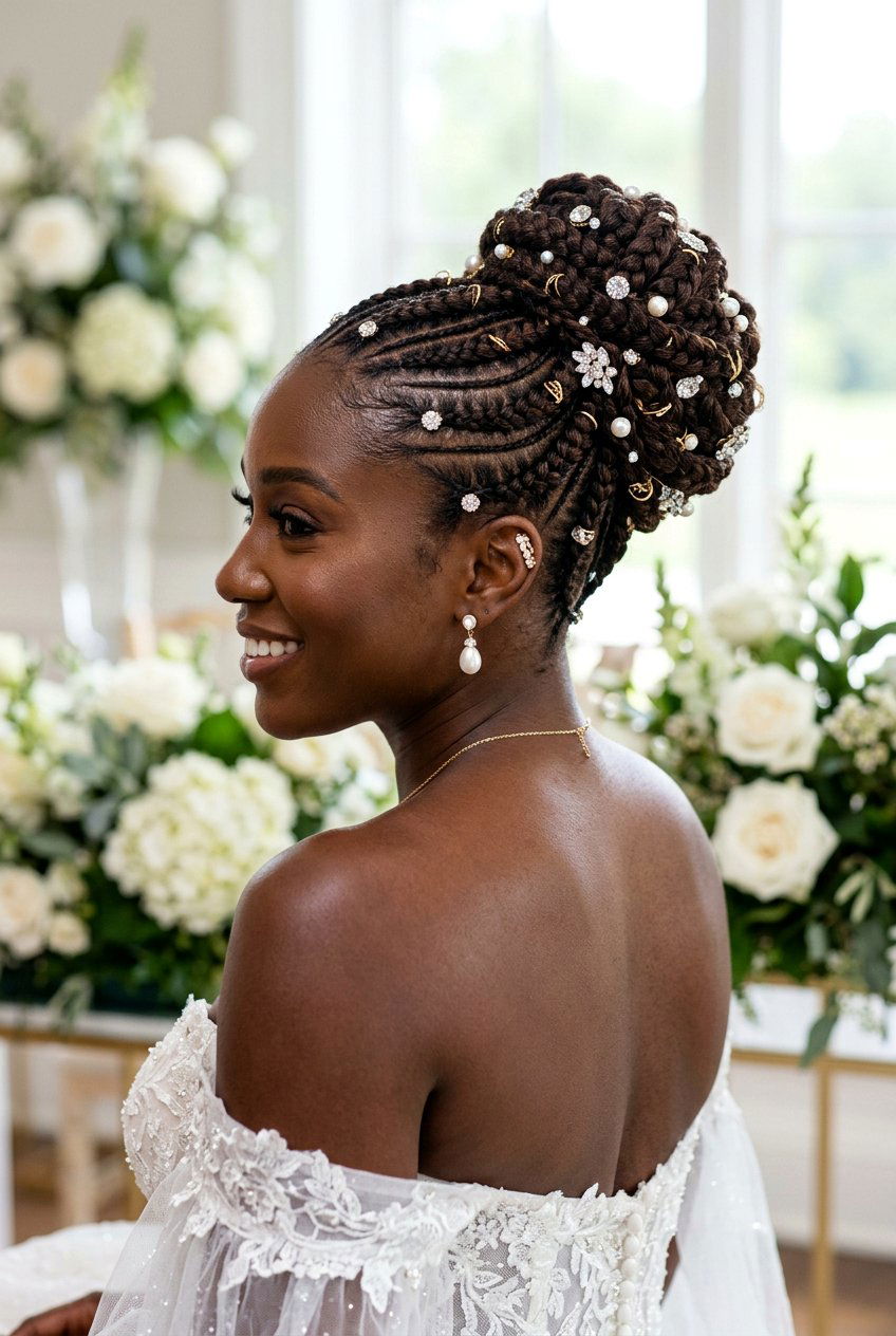 Bejeweled Feed In Braid Updo - 20 bridal braid styles for black women - 20 bridal braid styles for black women