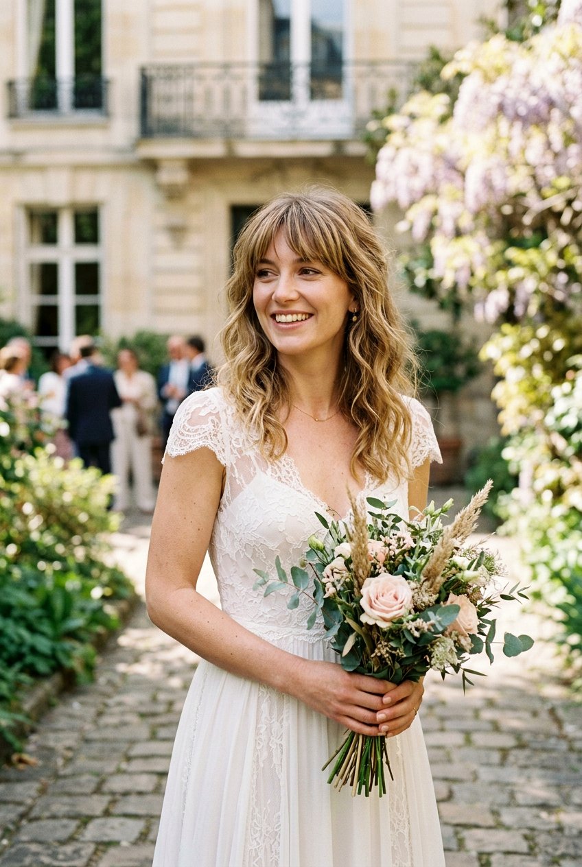 Birkin Bangs With Messy Waves - 20 bridal hairstyle for women with bangs - 20 bridal hairstyle for women with bangs