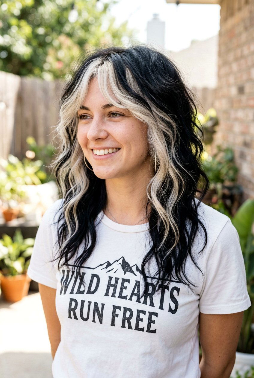 Black And Platinum Wavy Shag - 20 emo shag haircut women - 20 emo shag haircut women