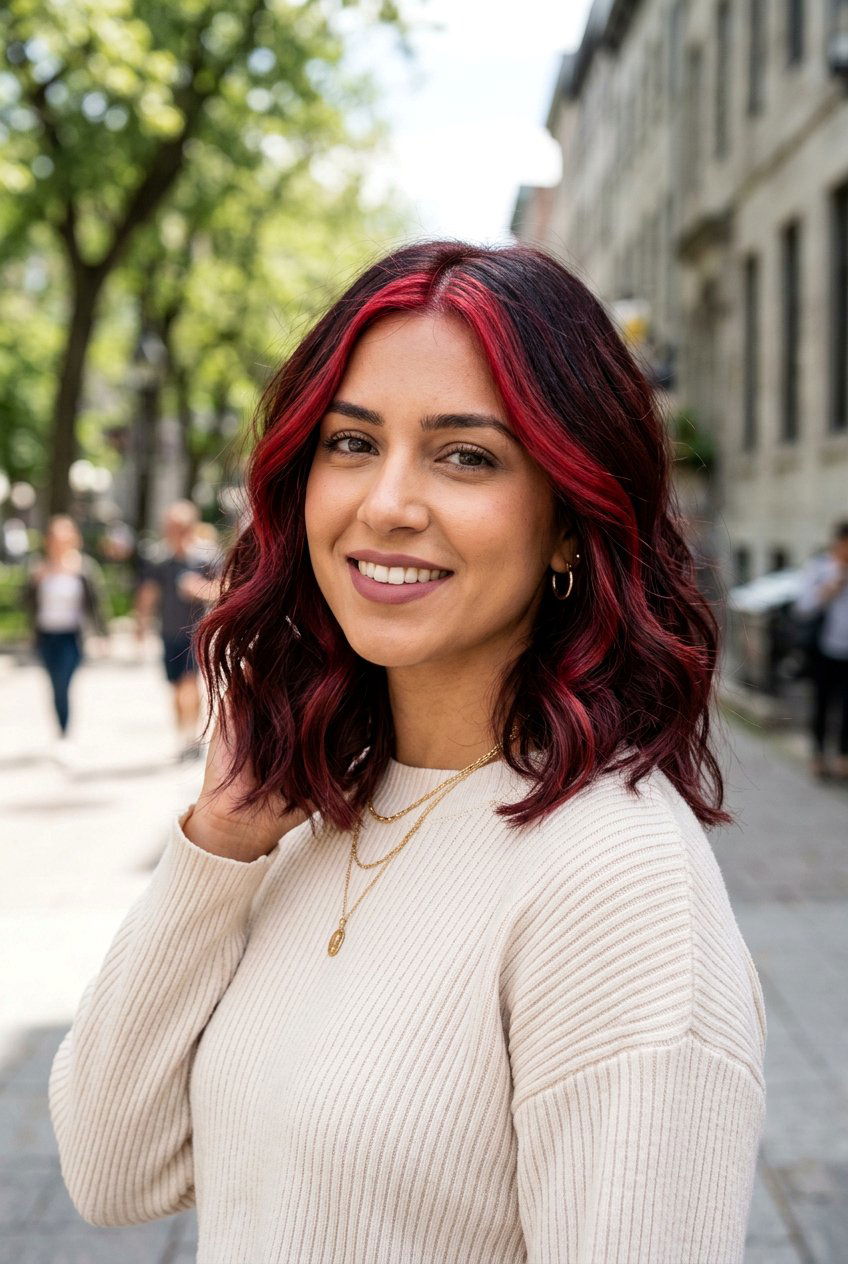 Black Cherry Balayage Lob With Bold Money Piece - 20 black cherry balayage with money piece - 20 black cherry balayage with money piece