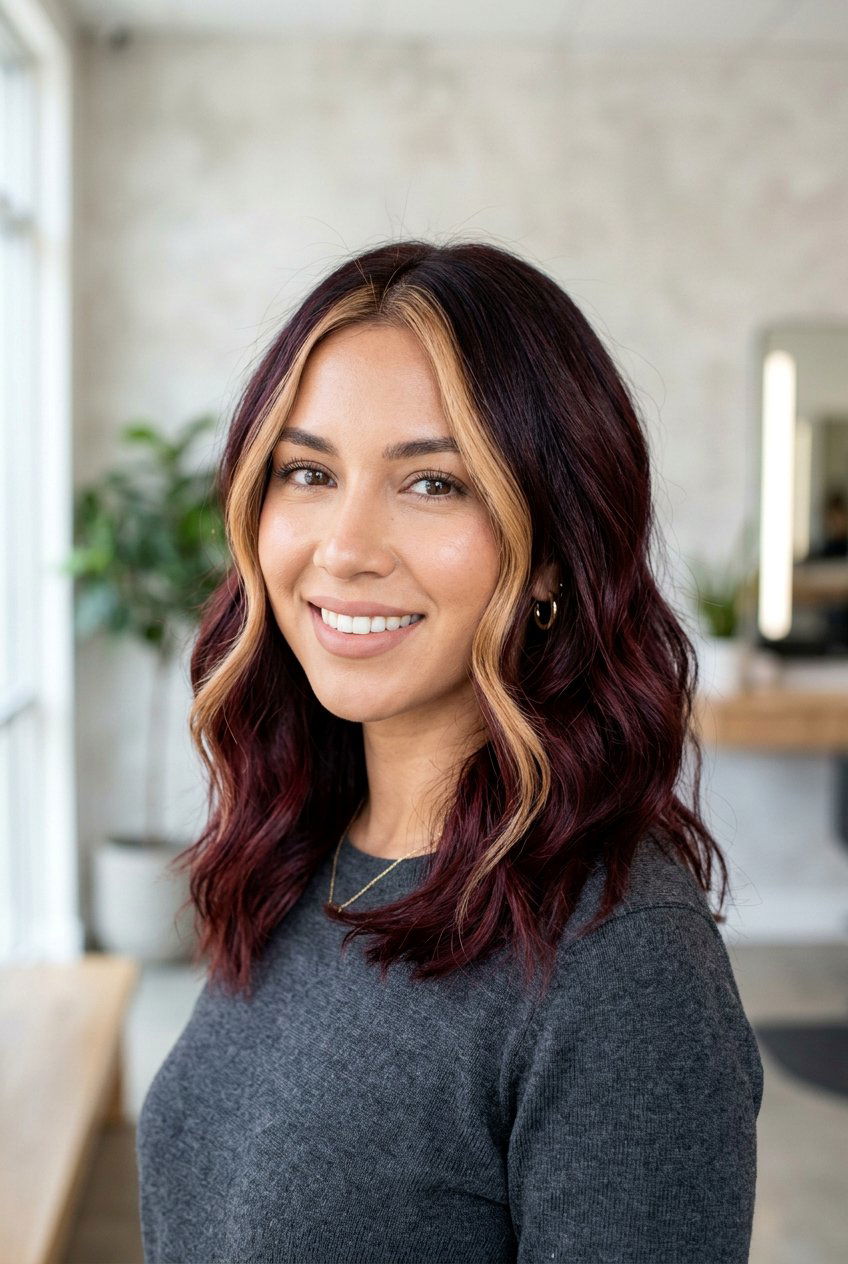 Black Cherry Balayage With Blonde Money Piece - 20 black cherry balayage with money piece - 20 black cherry balayage with money piece