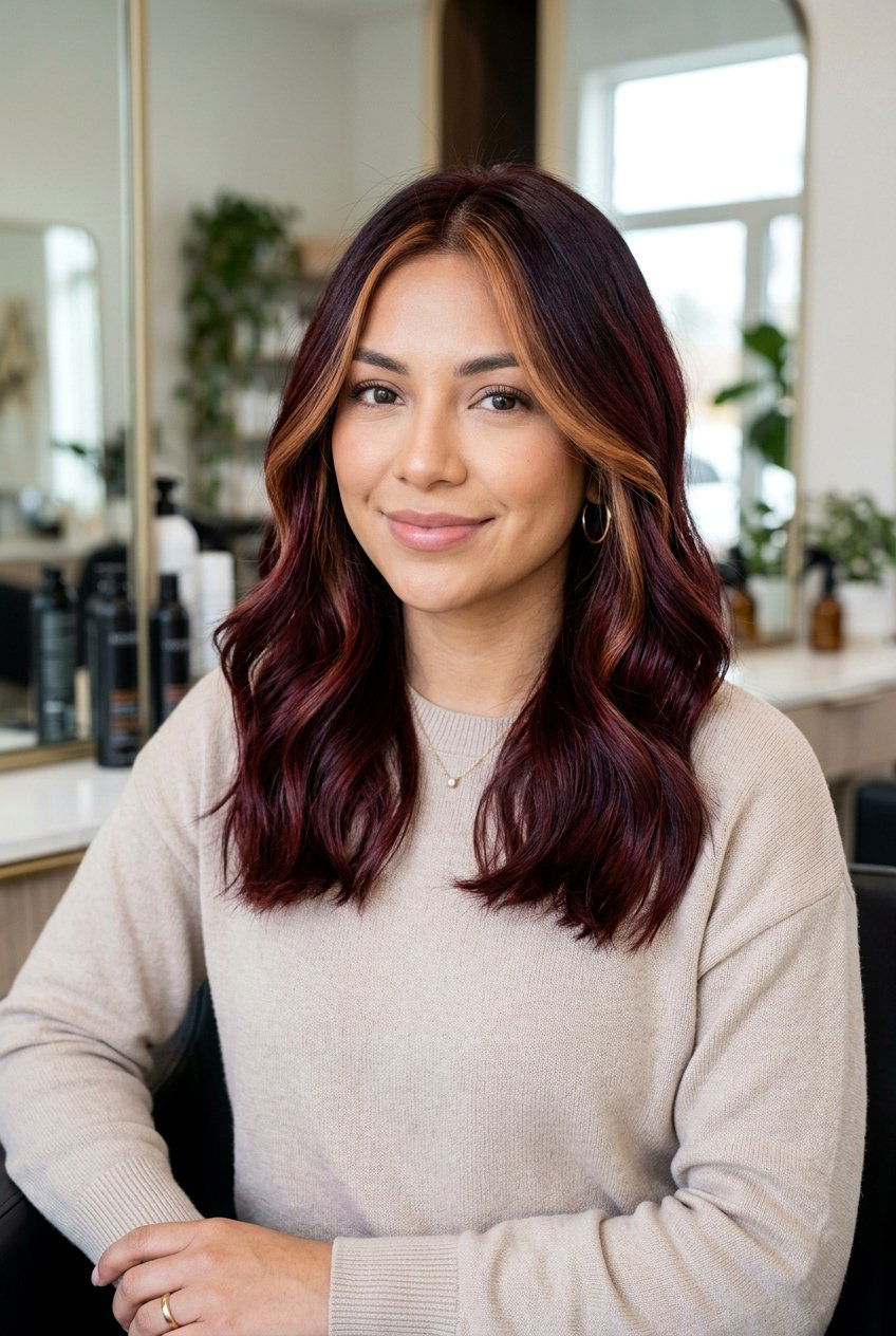 Black Cherry Balayage With Caramel Money Piece - 20 black cherry balayage with money piece - 20 black cherry balayage with money piece