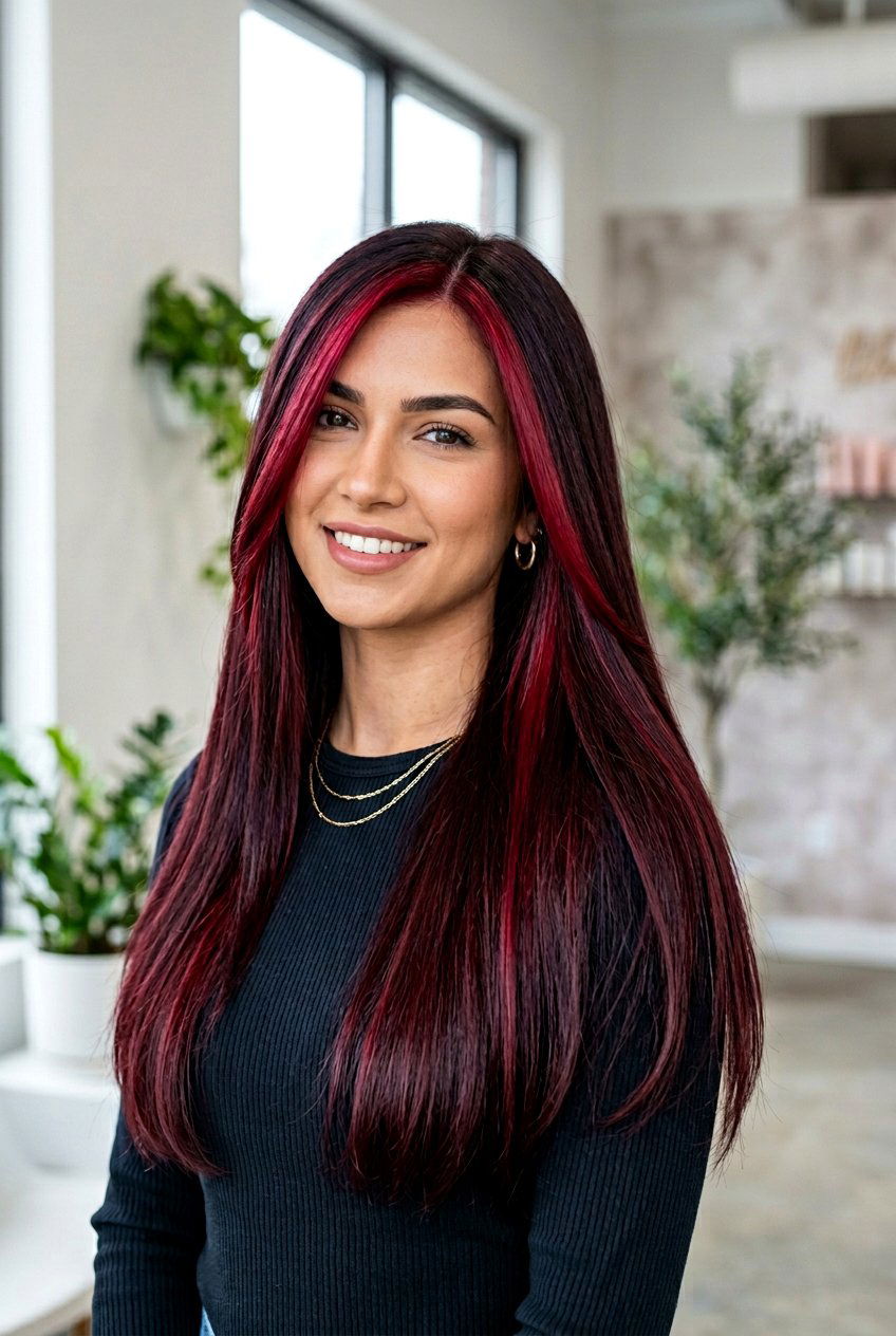 Black Cherry Balayage With Chunky Money Piece - 20 black cherry balayage with money piece - 20 black cherry balayage with money piece
