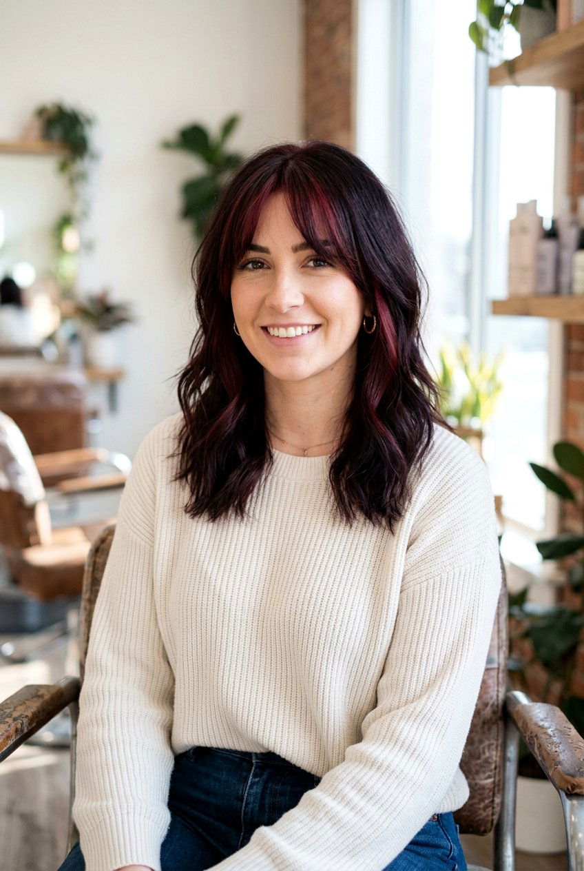 Black Cherry Balayage With Curtain Bangs And Money Piece - 20 black cherry balayage with money piece - 20 black cherry balayage with money piece