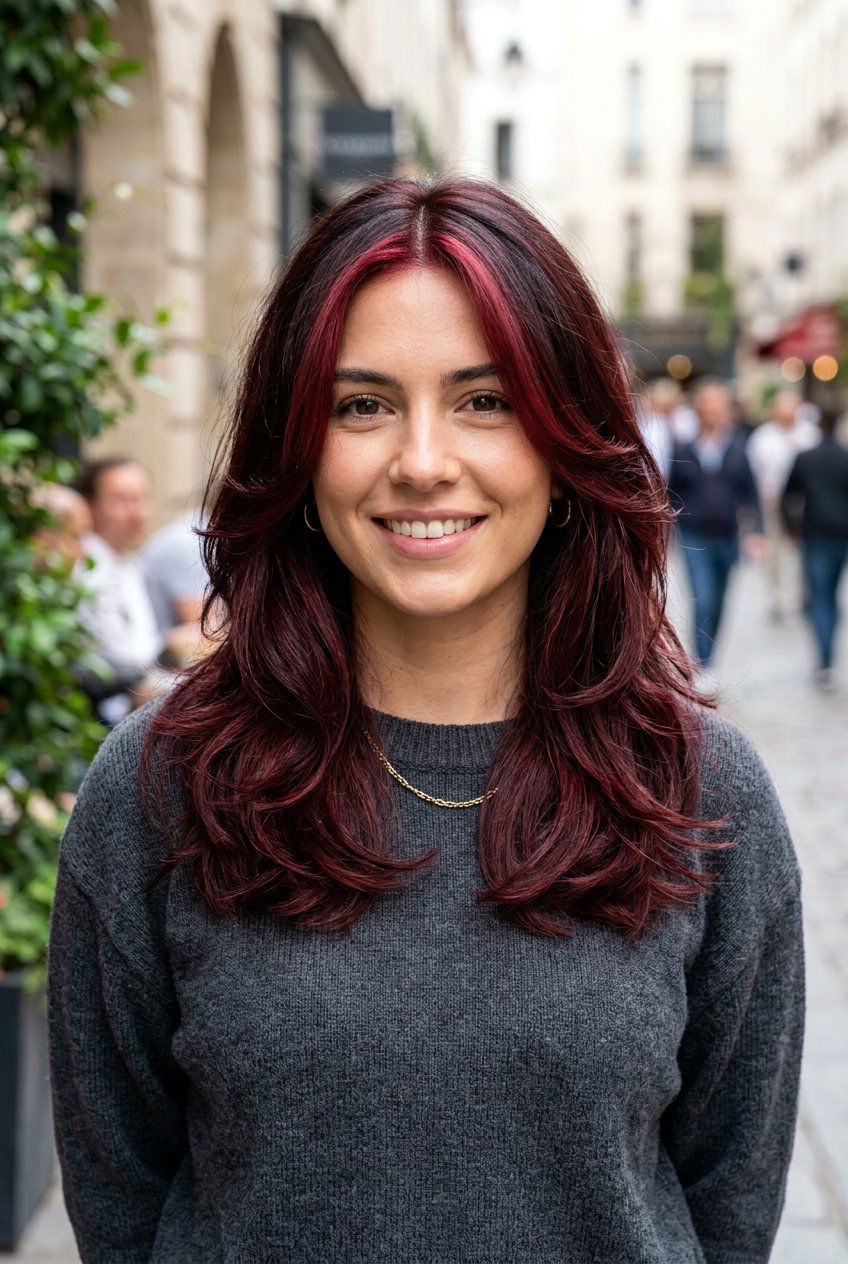 Black Cherry Balayage With Face Framing Layers And Money Piece - 20 black cherry balayage with money piece - 20 black cherry balayage with money piece