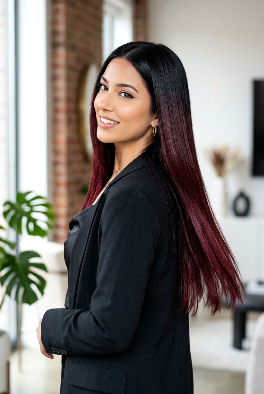 Black Cherry Balayage on Black Hair - 20 red balayage on black hair - 20 red balayage on black hair