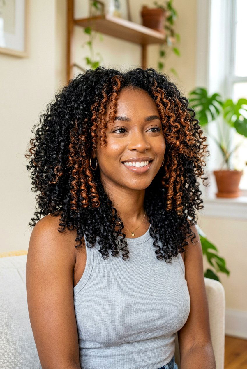 Black Curly Hair With Copper Highlights - 20 copper highlights on black hair - 20 copper highlights on black hair