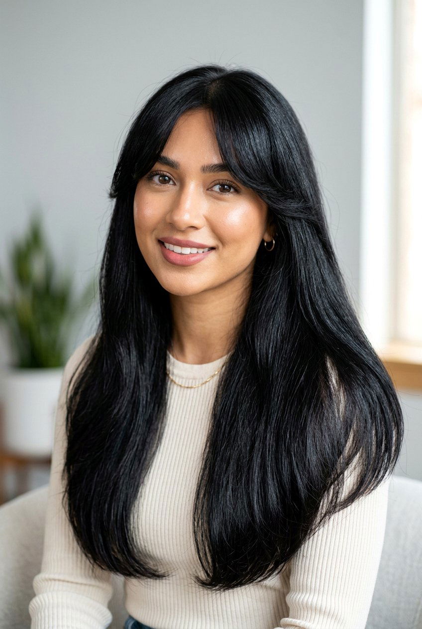 Black Curtain Bangs - 20 glossy black hair ideas - 20 glossy black hair ideas