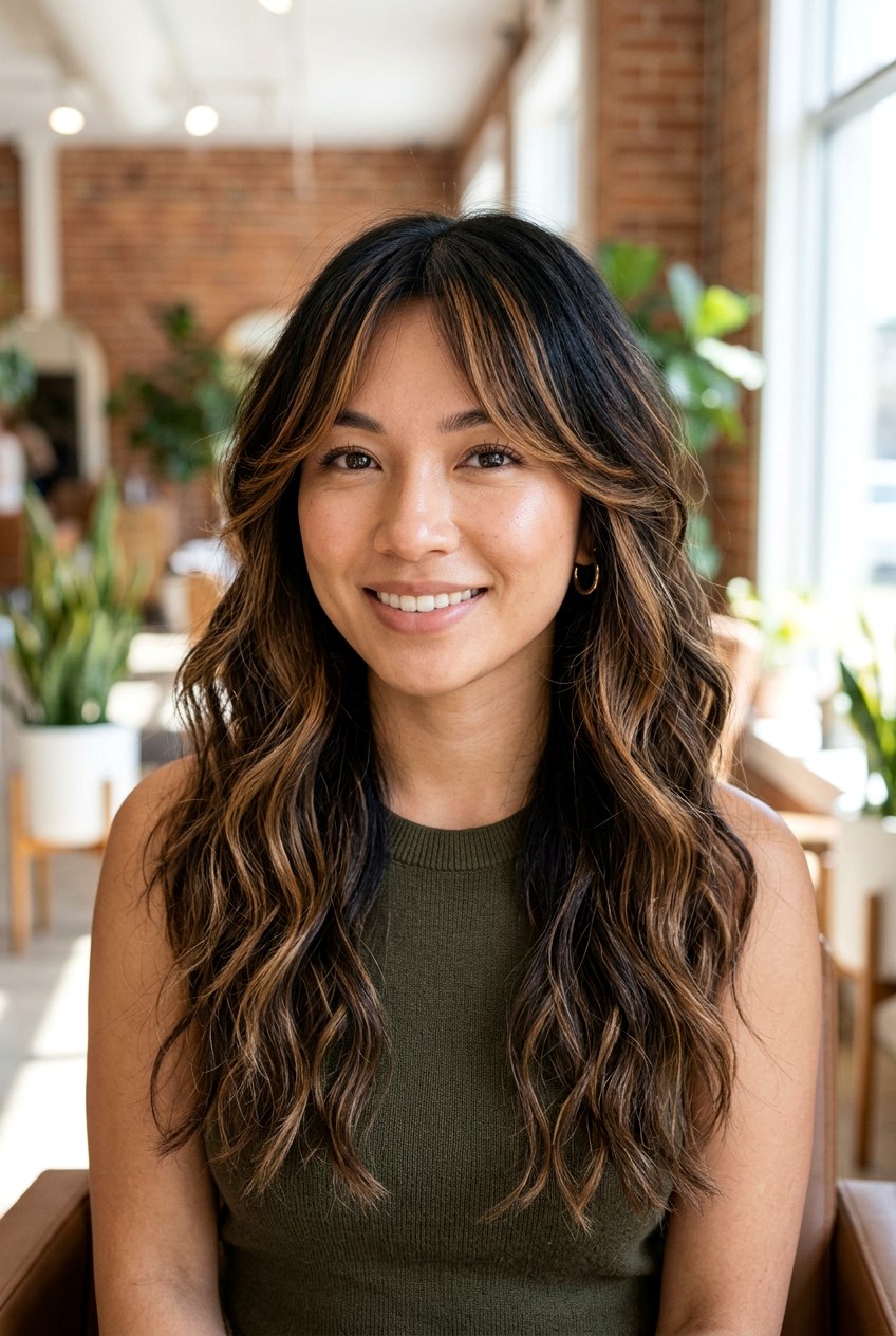 Black Hair Caramel Balayage Curtain Bangs - 20 black hair with caramel balayage - 20 black hair with caramel balayage