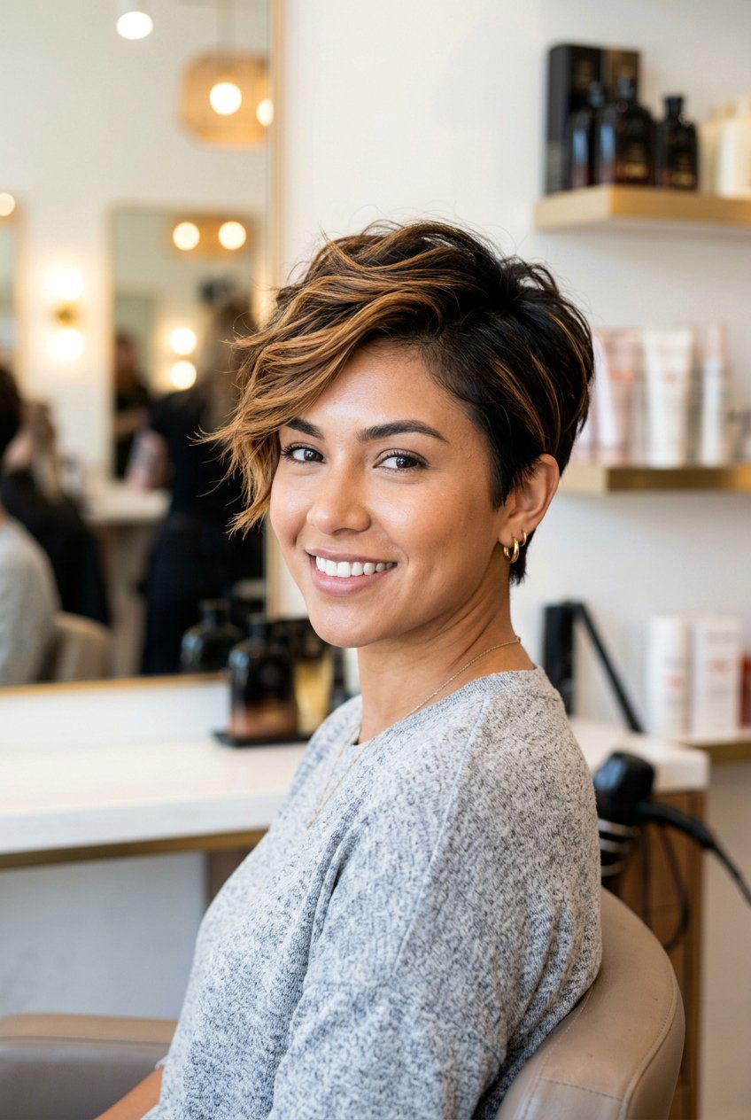Black Hair Caramel Balayage Pixie Cut - 20 black hair with caramel balayage - 20 black hair with caramel balayage