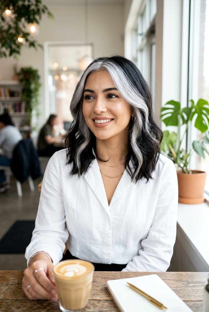 Black Hair With A Silver Money Piece - 20 natural looking silver highlights - 20 natural looking silver highlights