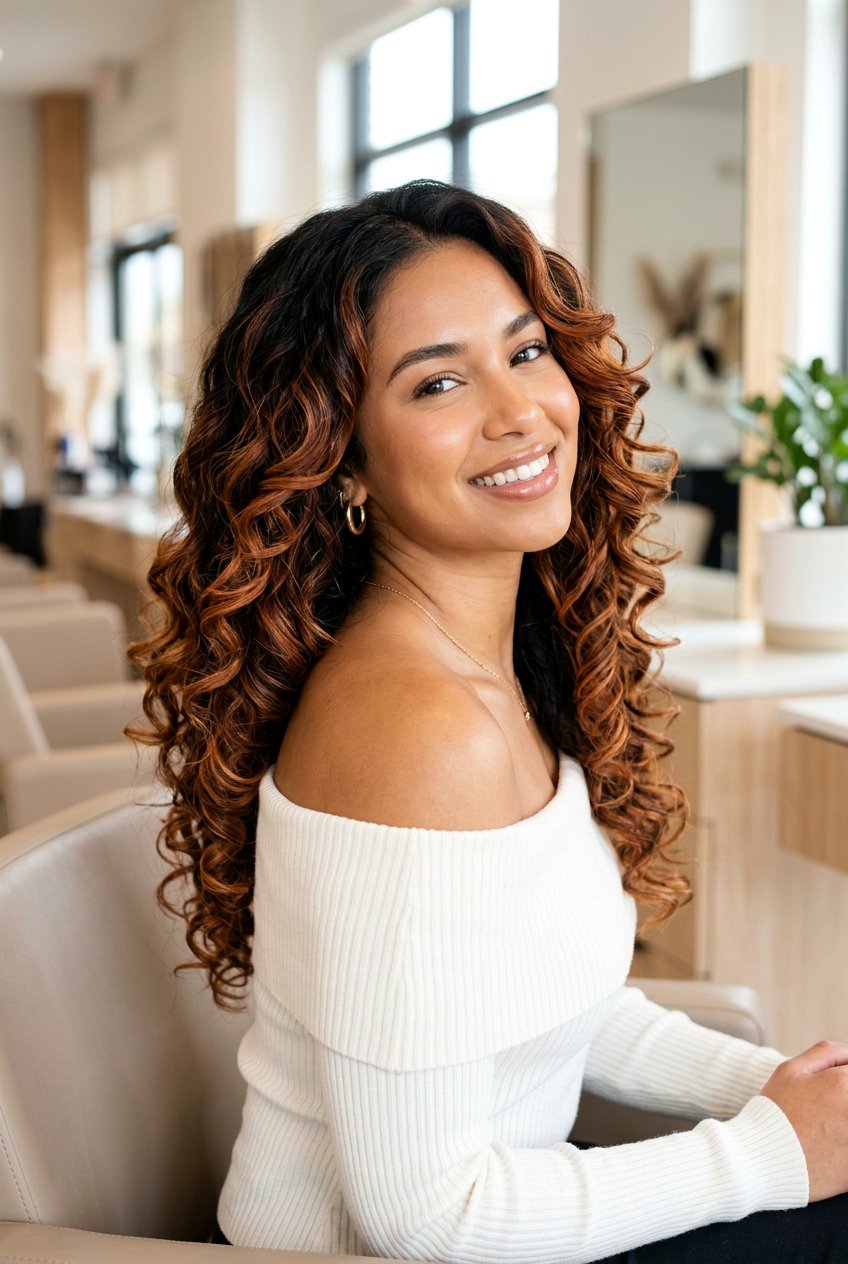 Black Hair With Copper Balayage Curls - 20 copper highlights on black hair - 20 copper highlights on black hair