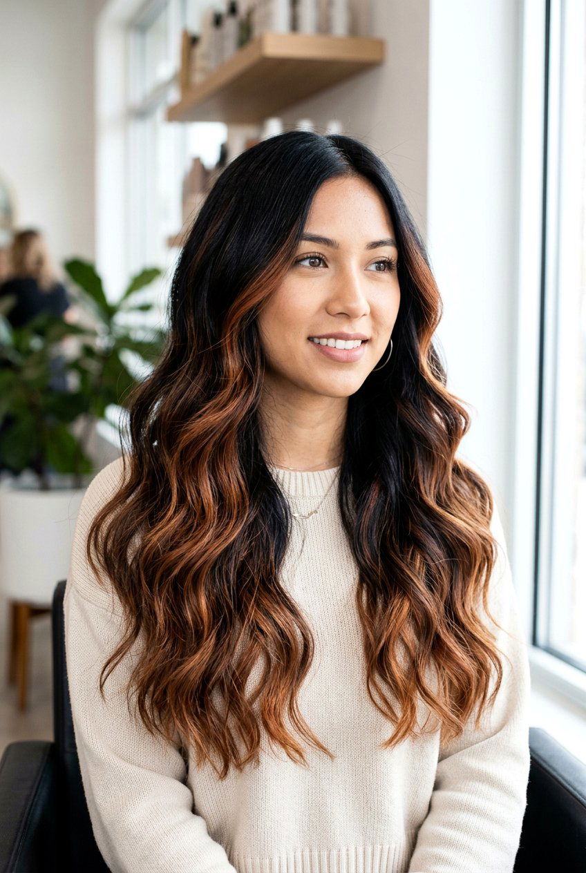 Black Hair With Copper Balayage - 20 copper highlights on black hair - 20 copper highlights on black hair