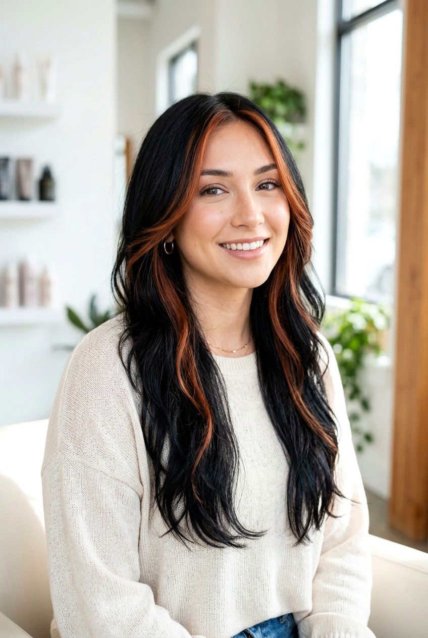 Black Hair With Copper Face Framing Highlights - 20 copper highlights on black hair - 20 copper highlights on black hair