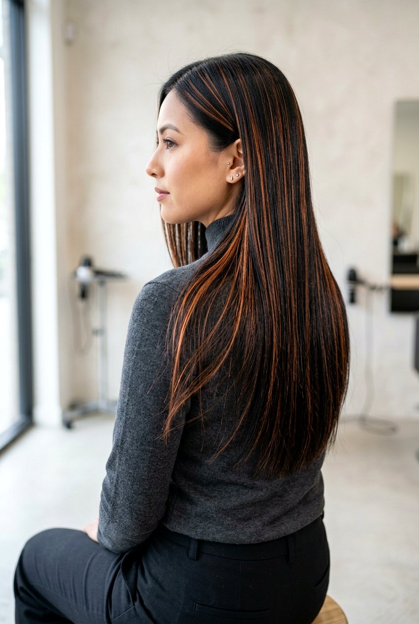 Black Hair With Copper Foil Highlights - 20 copper highlights on black hair - 20 copper highlights on black hair