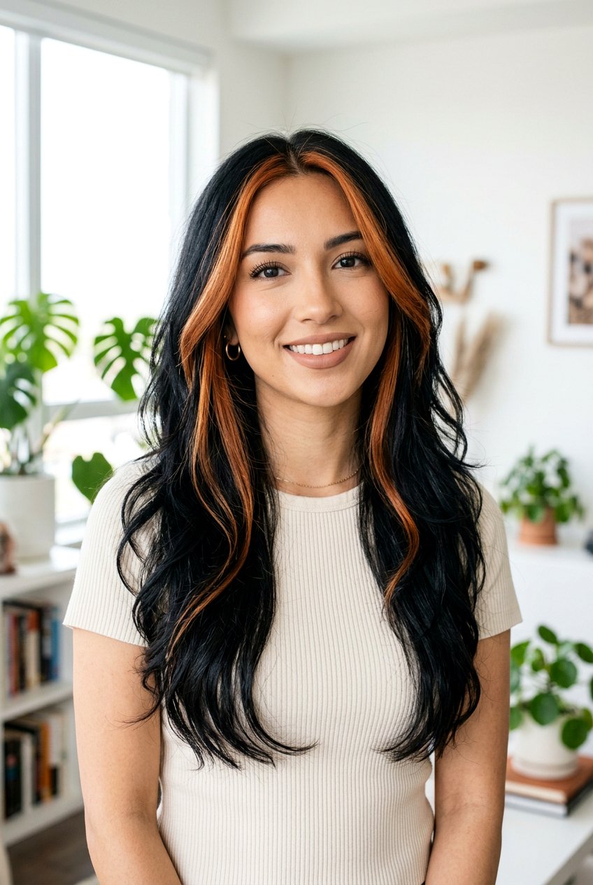 Black Hair With Copper Money Piece - 20 copper highlights on black hair - 20 copper highlights on black hair