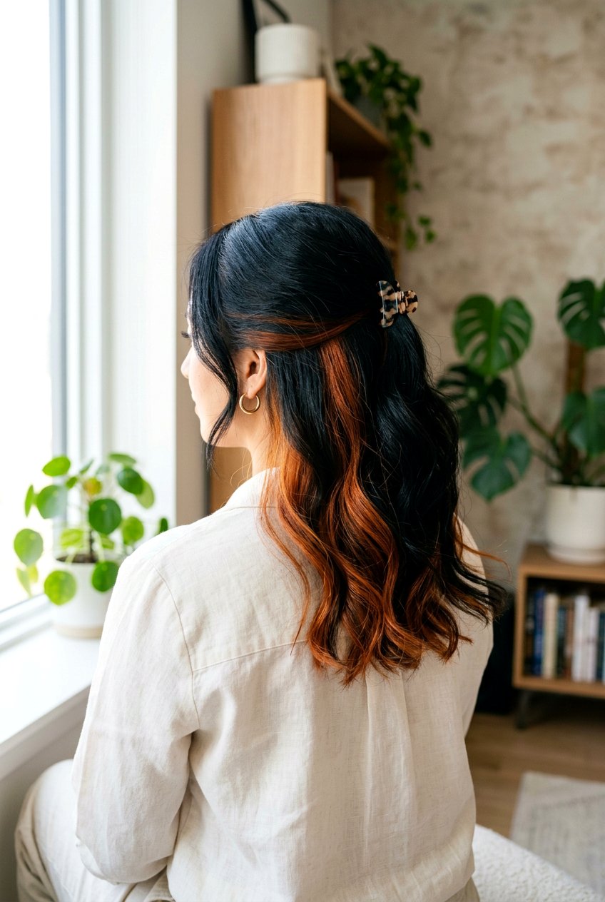 Black Hair With Copper Peekaboo Highlights - 20 copper highlights on black hair - 20 copper highlights on black hair