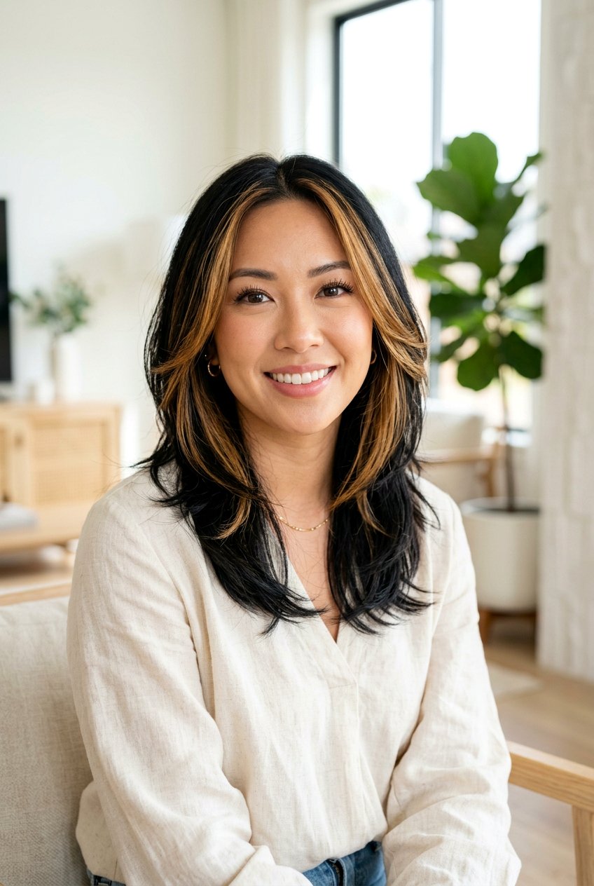 Black Hair With Golden Brown Face Framing - 20 black hair color ideas - 20 black hair color ideas