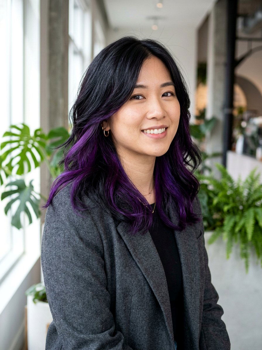 Black Hair With Purple Peekaboo Highlights - 20 purple balayage with black roots