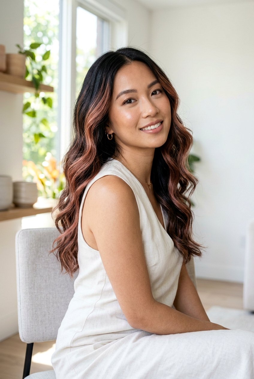 Black Hair With Rose Copper Highlights - 20 copper highlights on black hair - 20 copper highlights on black hair