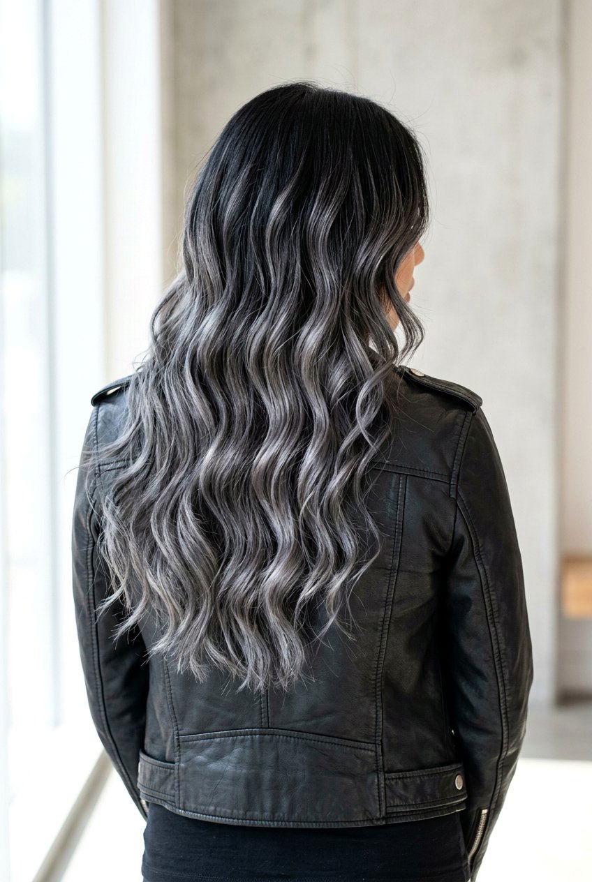 Black Hair With Silver Balayage - 20 natural looking silver highlights - 20 natural looking silver highlights