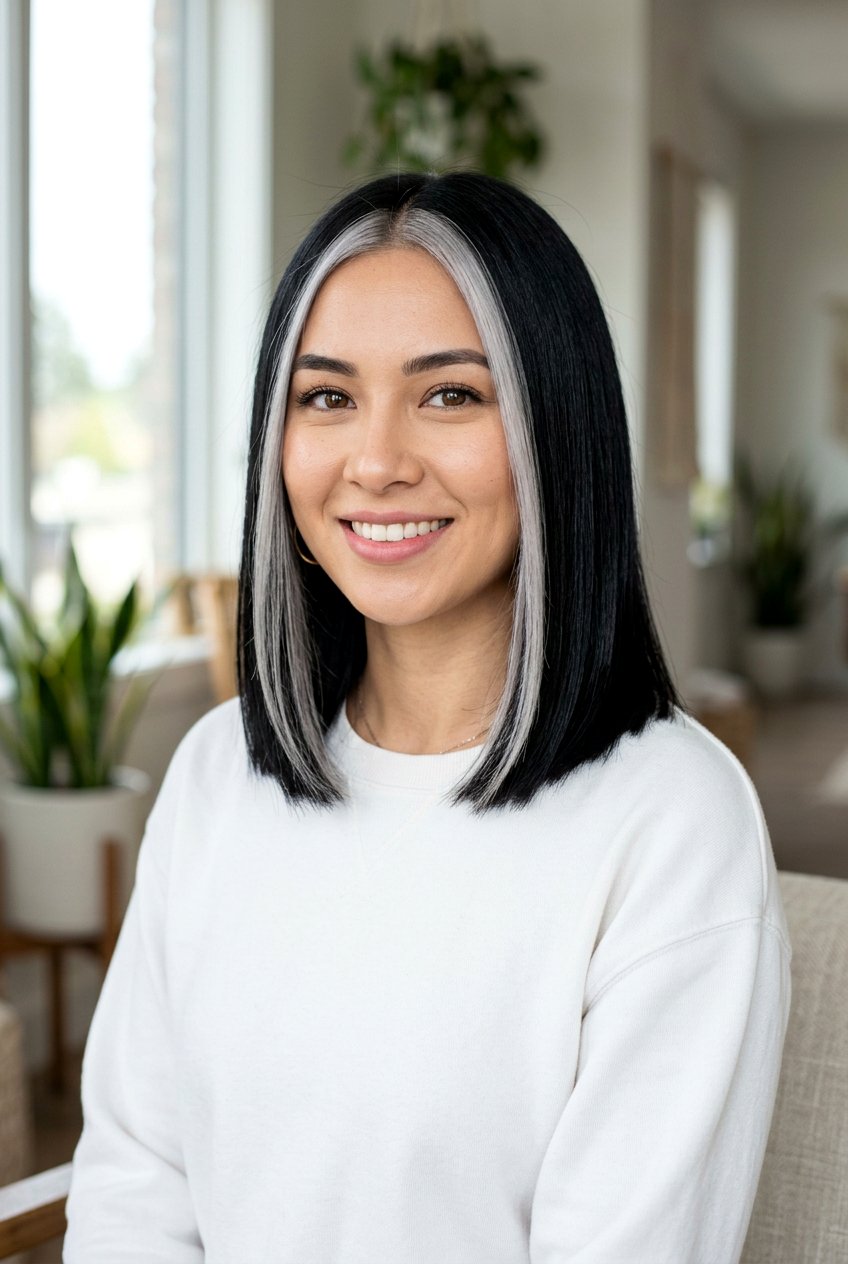 Black Hair With Silver Money Piece Blunt Lob - 20 black hair with silver money piece - 20 black hair with silver money piece