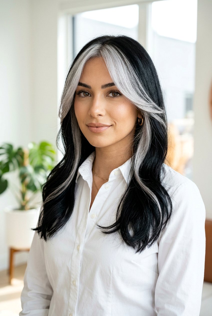 Black Hair With Silver Money Piece Curtain Bangs - 20 black hair with silver money piece - 20 black hair with silver money piece