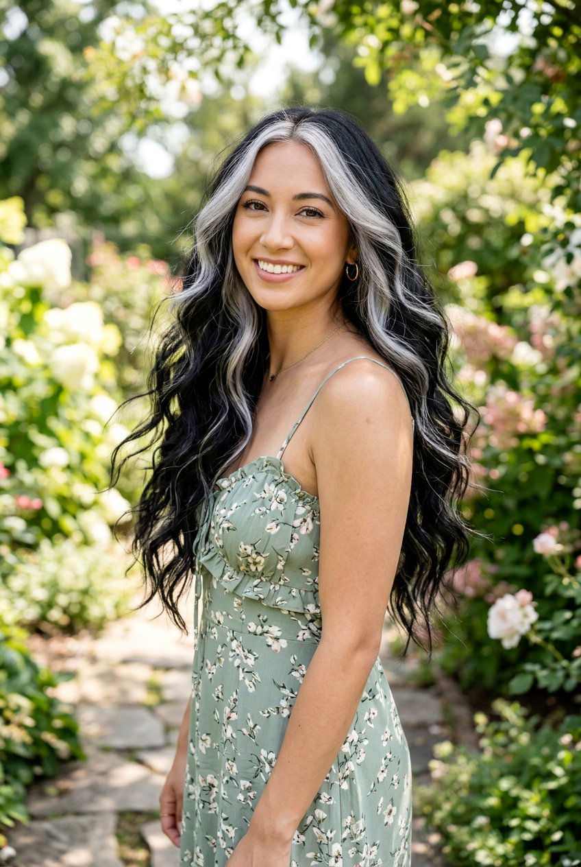 Black Hair With Silver Money Piece Long Wavy Hair - 20 black hair with silver money piece - 20 black hair with silver money piece