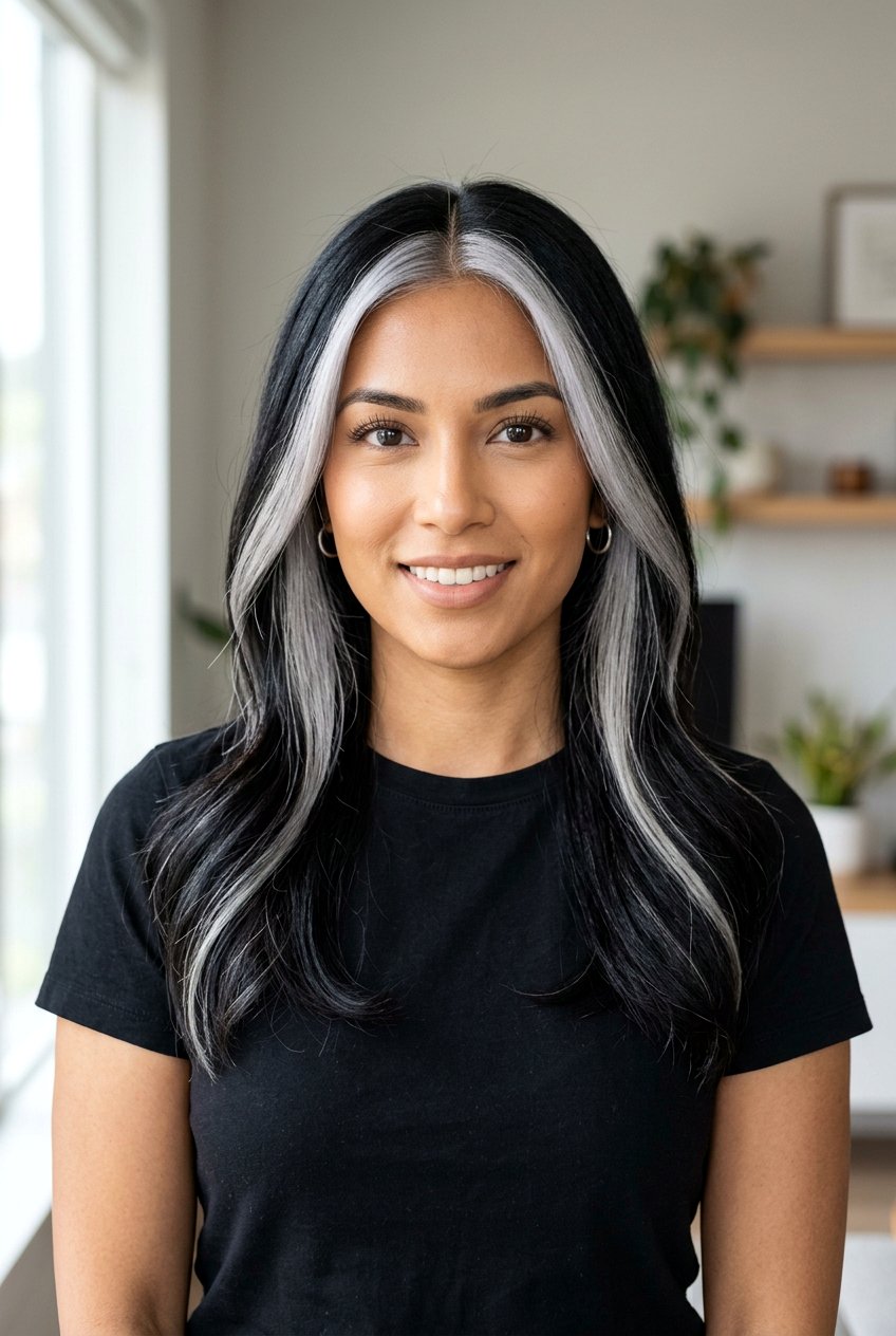 Black Hair With Silver Money Piece Middle Part - 20 black hair with silver money piece - 20 black hair with silver money piece