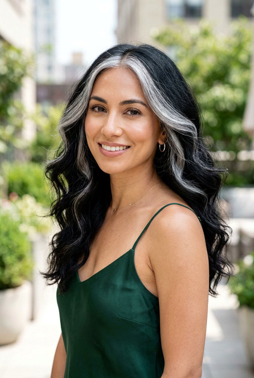 Black Hair With Silver Money Piece Voluminous Blowout - 20 black hair with silver money piece - 20 black hair with silver money piece