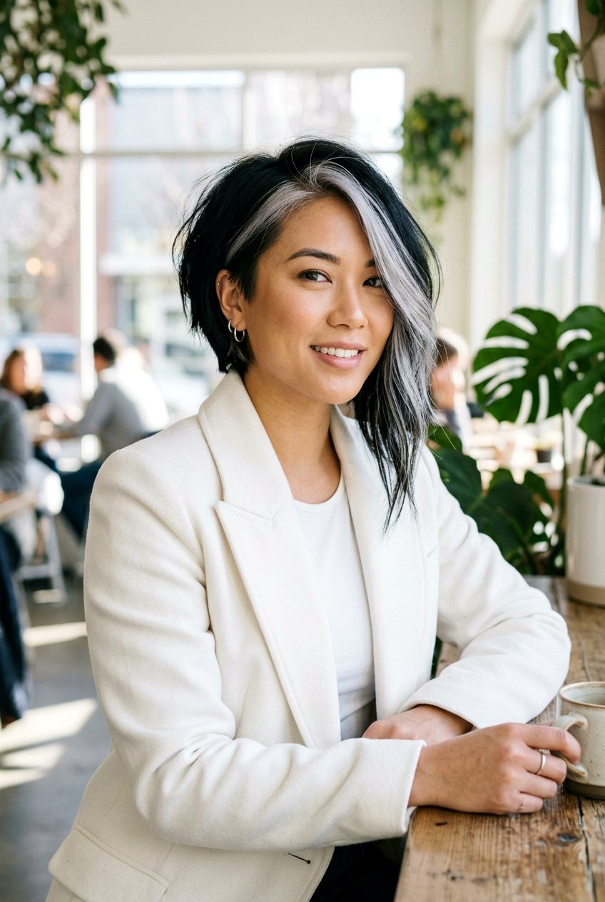 Black Hair With Silver Money Piece With Asymmetrical Bob - 20 black hair with silver money piece - 20 black hair with silver money piece