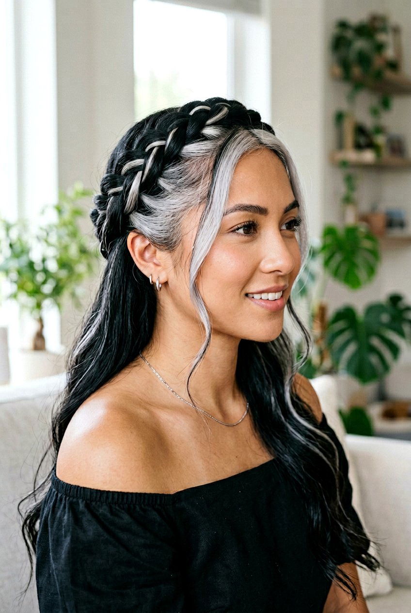 Black Hair With Silver Money Piece With Braided Crown - 20 black hair with silver money piece - 20 black hair with silver money piece