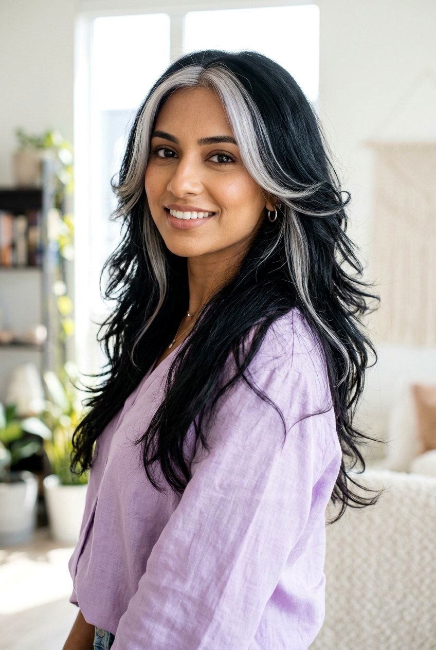 Black Hair With Silver Money Piece With Butterfly Cut - 20 black hair with silver money piece - 20 black hair with silver money piece