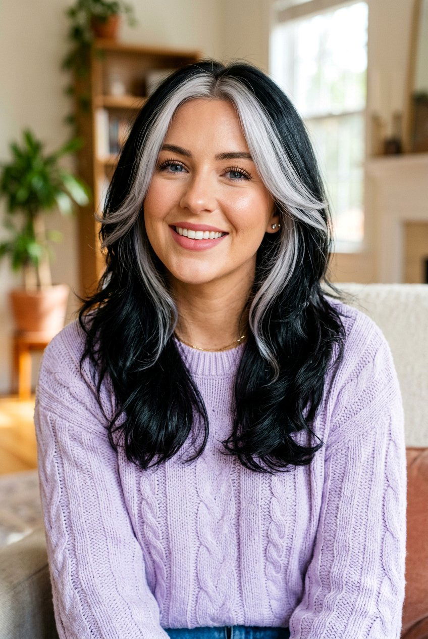 Black Hair With Silver Money Piece With Face Framing Layers - 20 black hair with silver money piece - 20 black hair with silver money piece