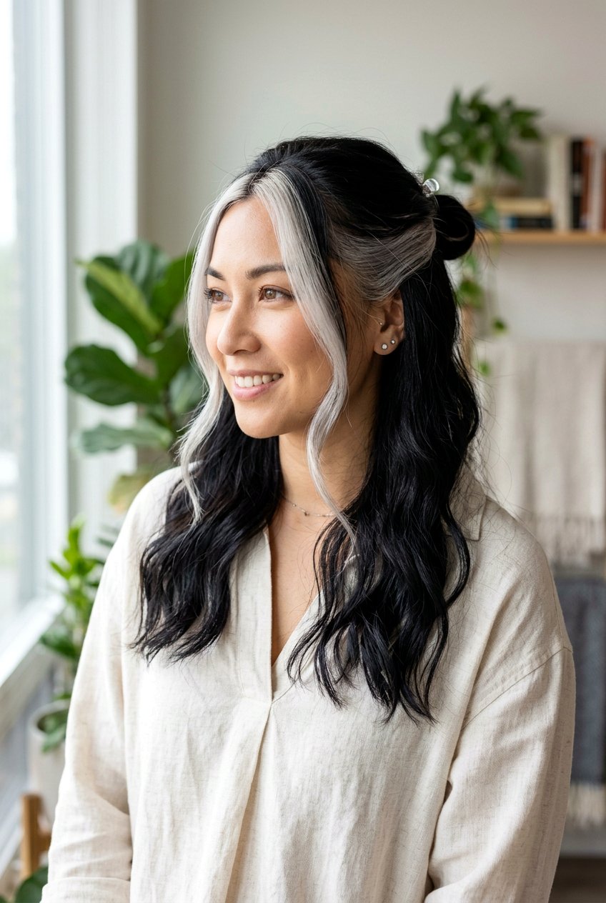 Black Hair With Silver Money Piece With Half Up Half Down - 20 black hair with silver money piece - 20 black hair with silver money piece