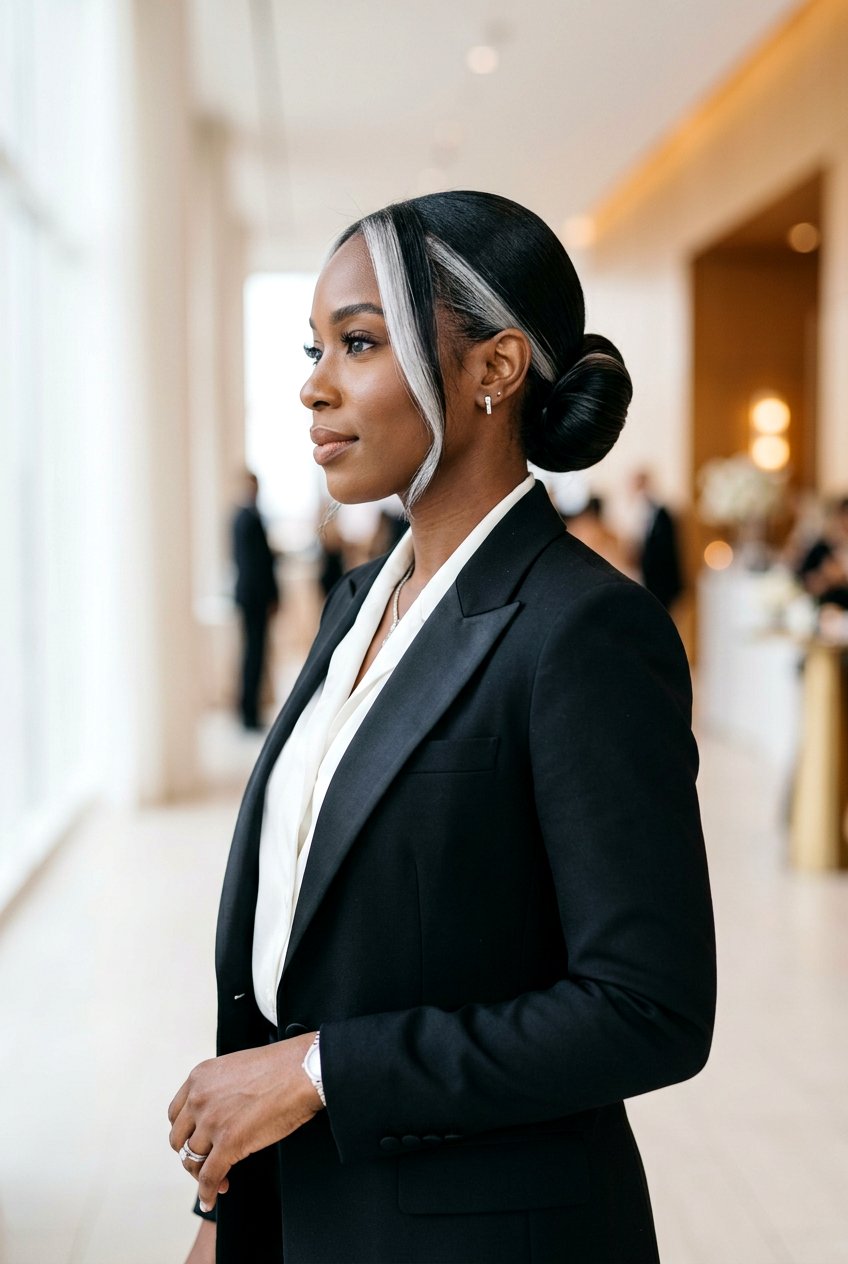 Black Hair With Silver Money Piece With Sleek Low Bun - 20 black hair with silver money piece - 20 black hair with silver money piece