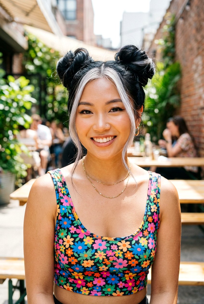 Black Hair With Silver Money Piece With Space Buns - 20 black hair with silver money piece - 20 black hair with silver money piece