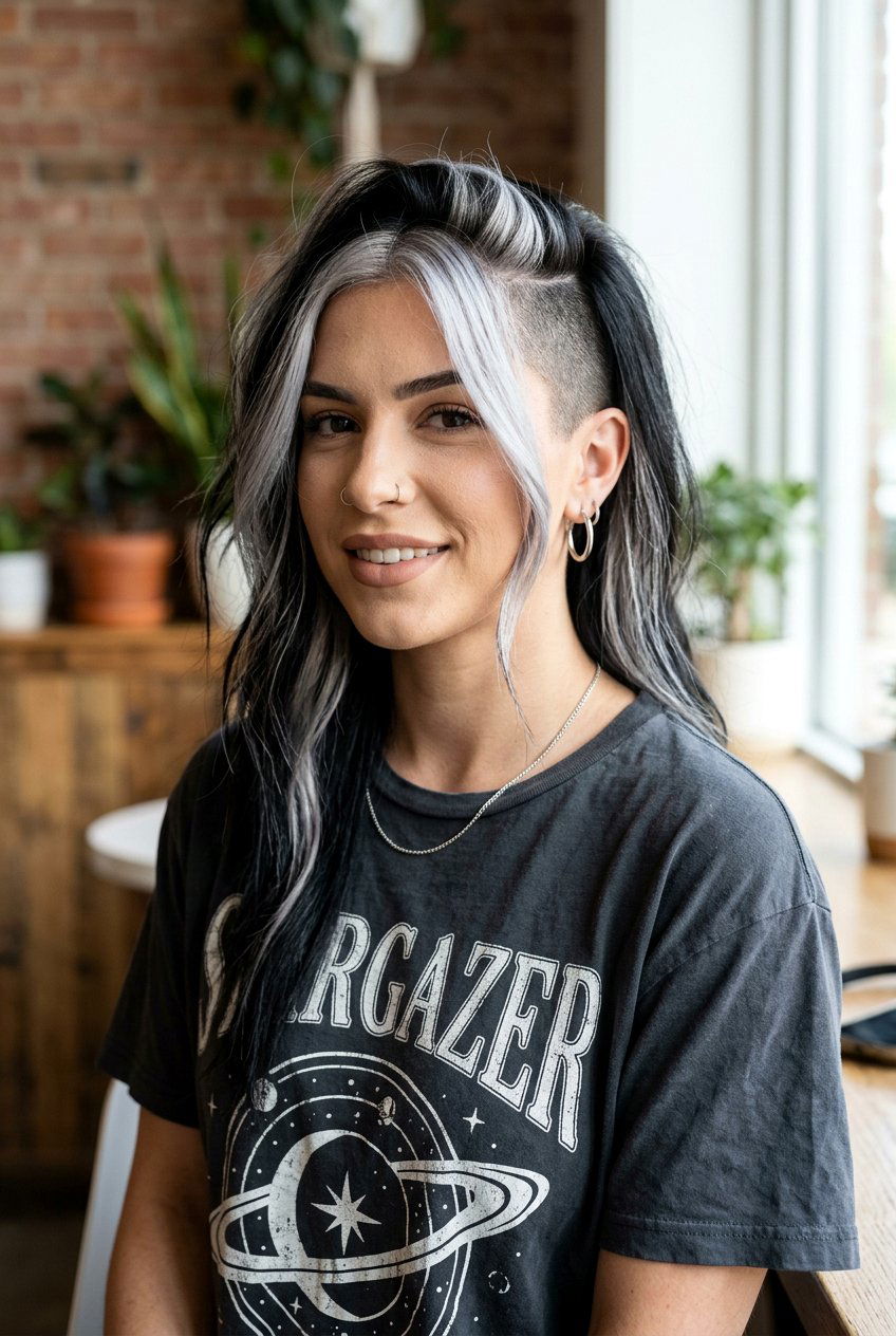 Black Hair With Silver Money Piece With Undercut - 20 black hair with silver money piece - 20 black hair with silver money piece