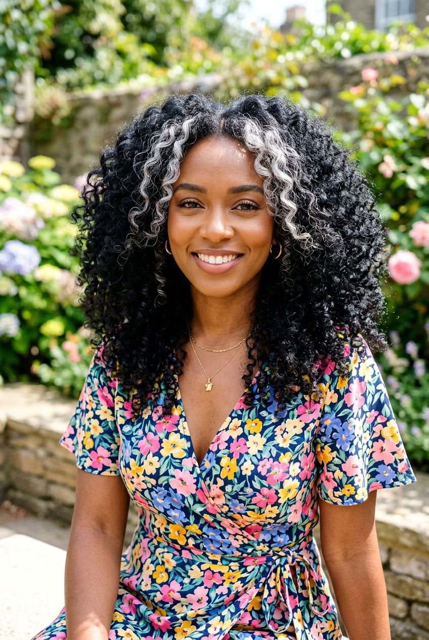 Black Hair With Silver Money Piece and Curly Hair - 20 black hair with silver money piece - 20 black hair with silver money piece