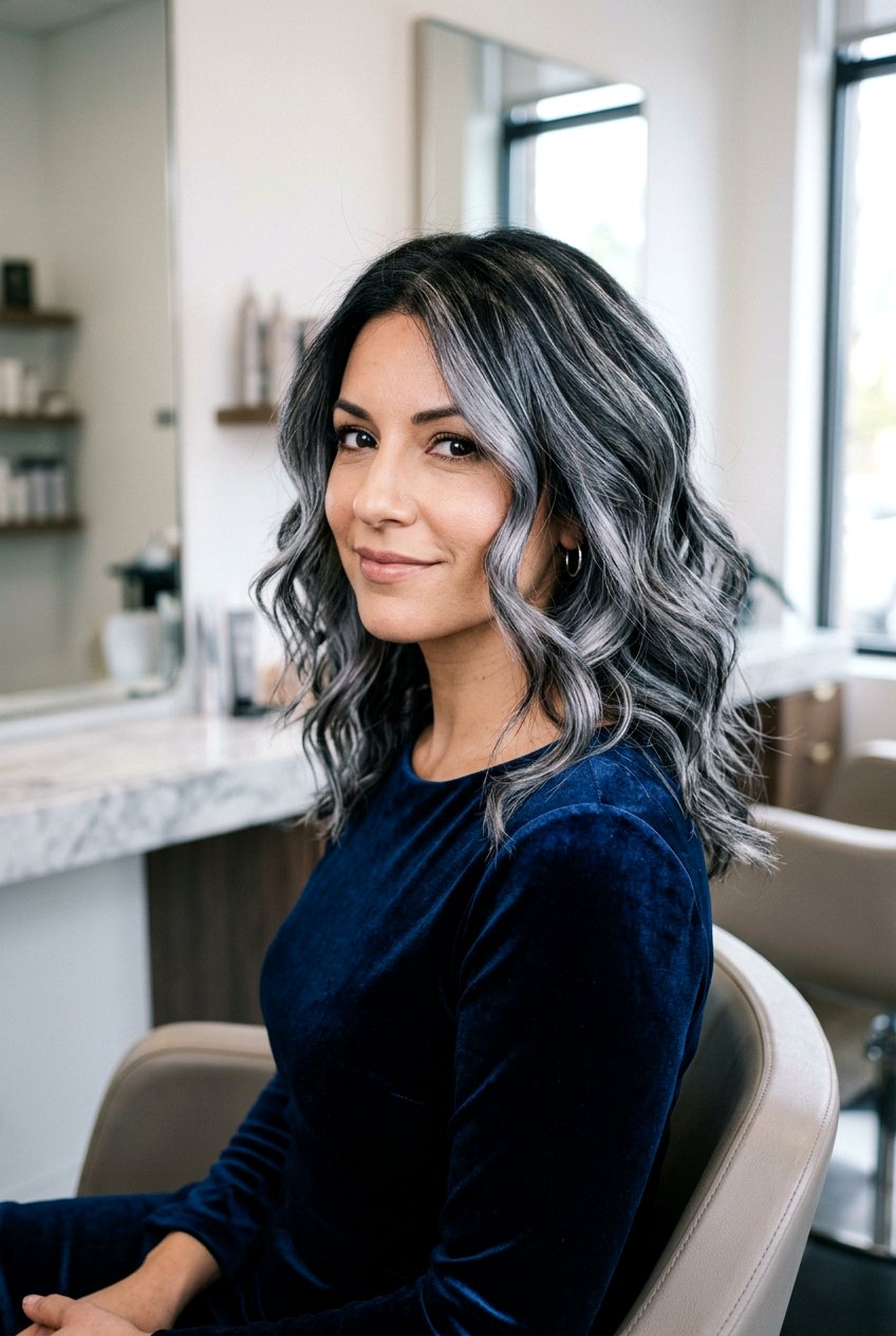 Black Hair With Silver and Gray Foil Highlights - 20 natural looking silver highlights - 20 natural looking silver highlights