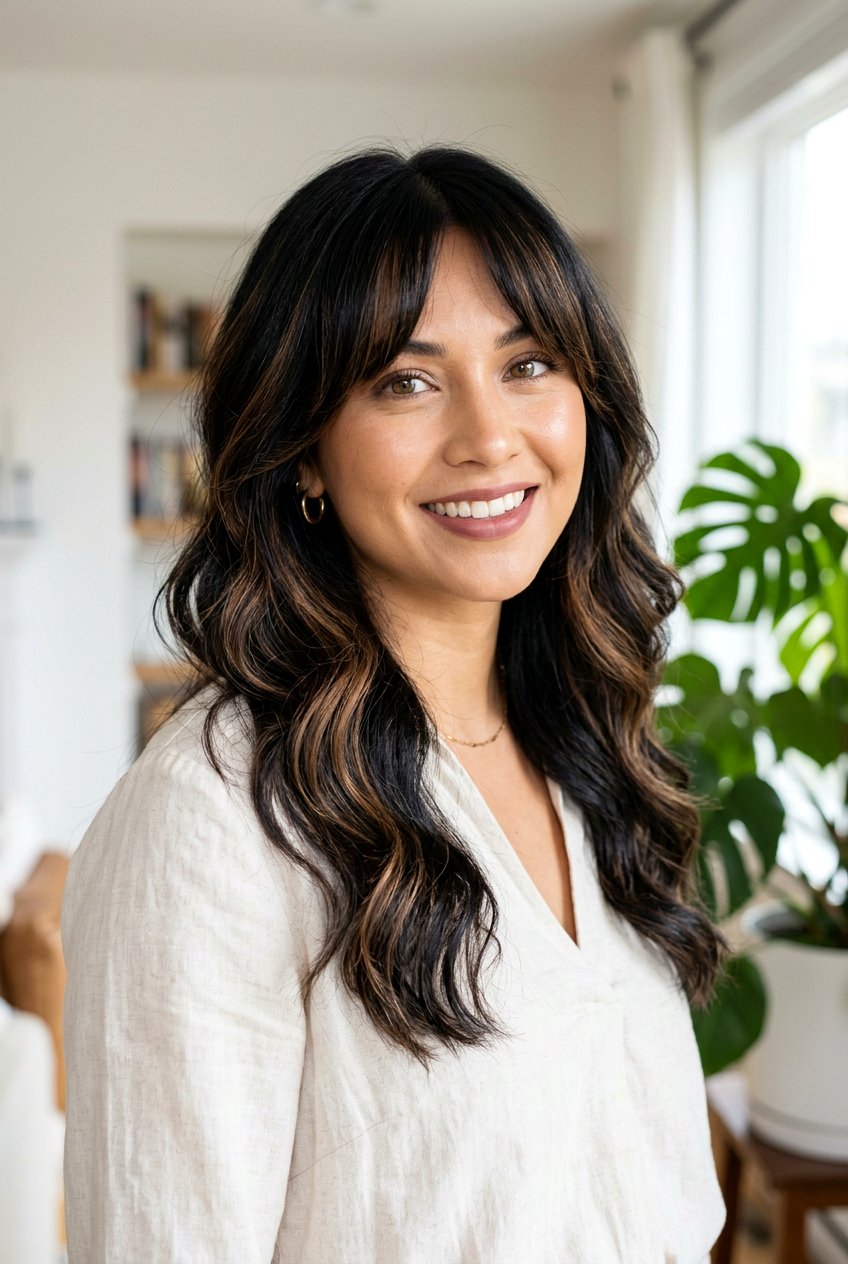 Black Hair With Soft Brown Highlights And Curtain Bangs - 20 black hair with soft brown highlights - 20 black hair with soft brown highlights