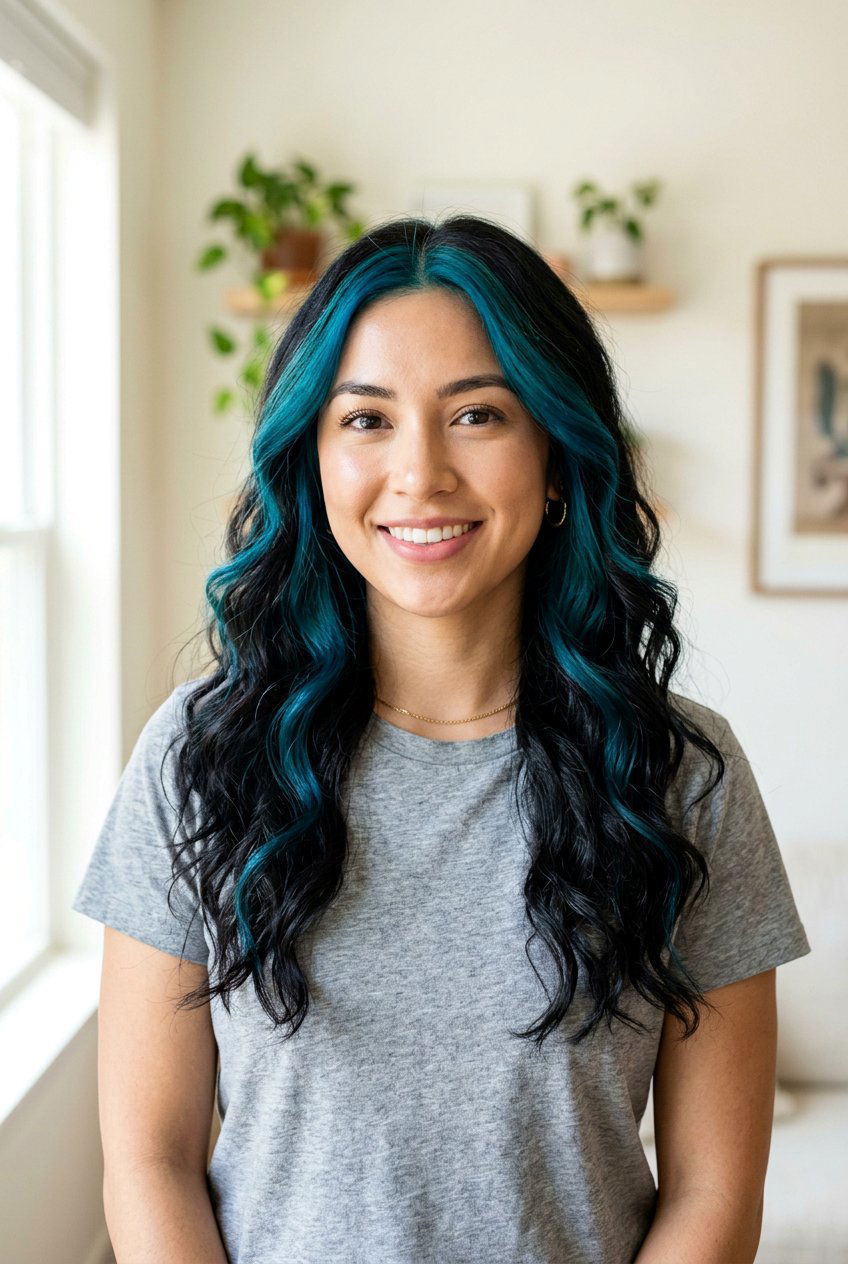 Black Hair With Teal Money Piece - 20 teal balayage on dark hair - 20 teal balayage on dark hair