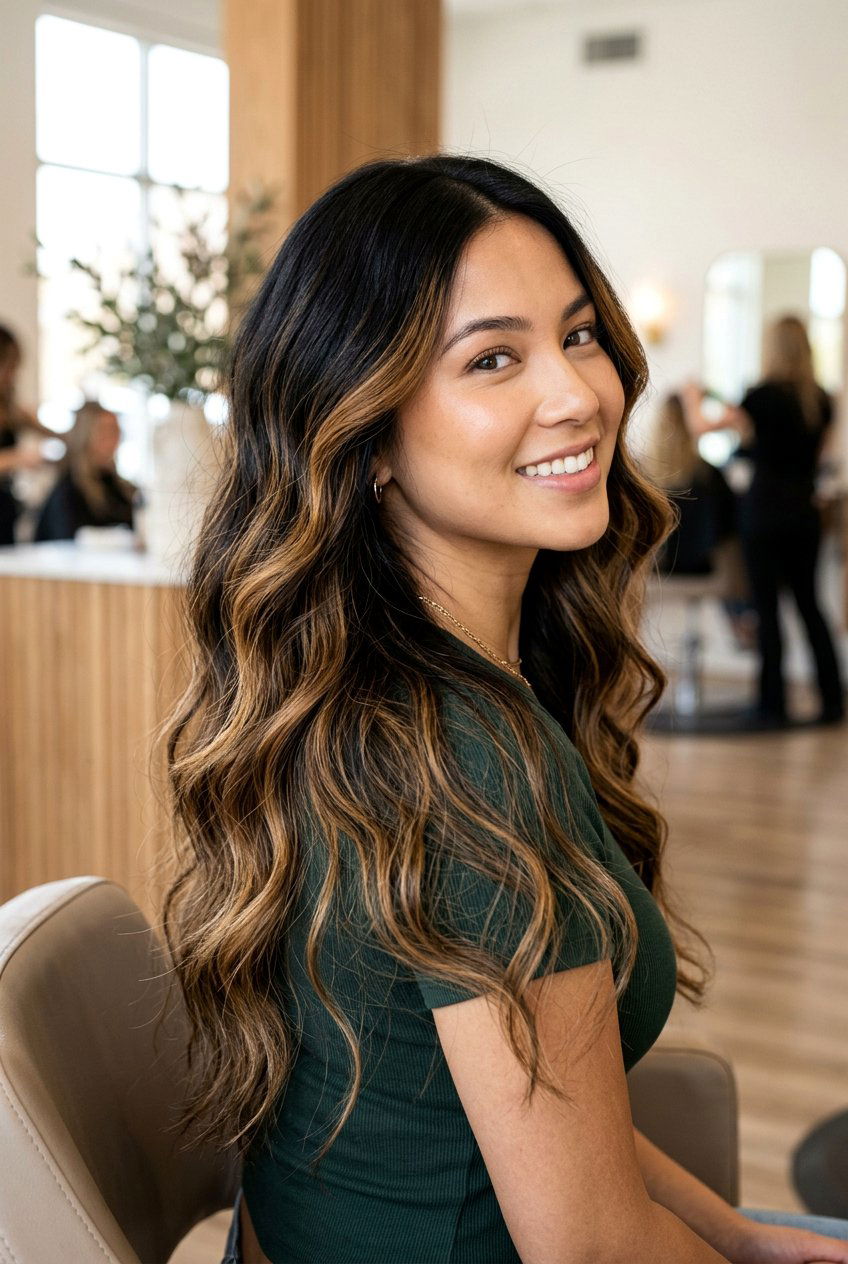 Black Hair with Caramel Balayage Long Waves - 20 black hair with caramel balayage - 20 black hair with caramel balayage