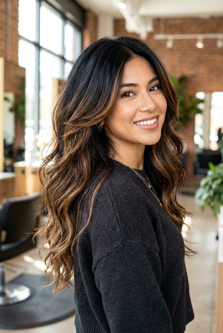 Black Hair with Caramel Balayage and Layers - 20 black hair with caramel balayage - 20 black hair with caramel balayage