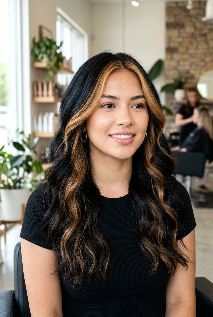 Black Hair with Caramel Money Piece Balayage - 20 black hair with caramel balayage - 20 black hair with caramel balayage