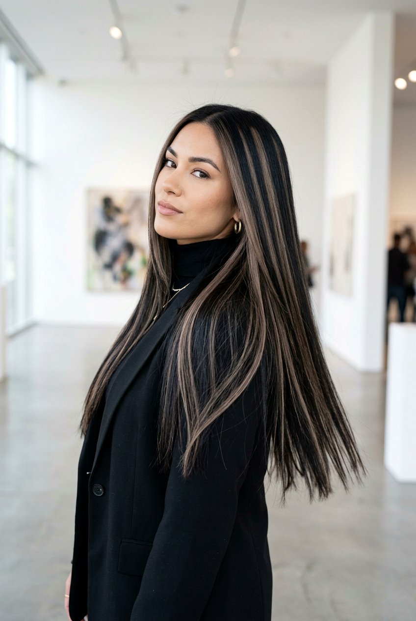 Black Hair with Chunky Ash Brown Highlights - 20 ash brown highlights on black hair - 20 ash brown highlights on black hair