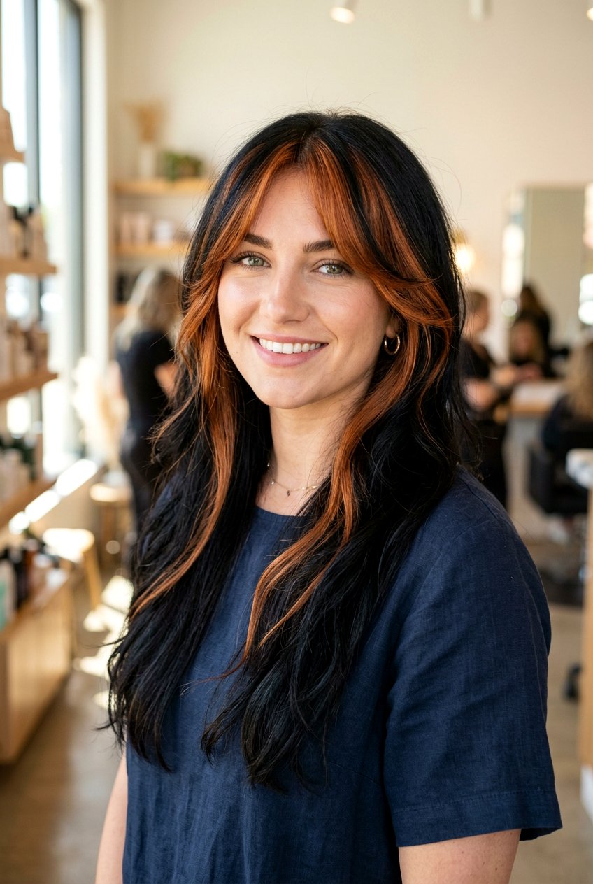 Black Hair with Copper Face Framing Highlights - 20 black hair with copper highlights - 20 black hair with copper highlights